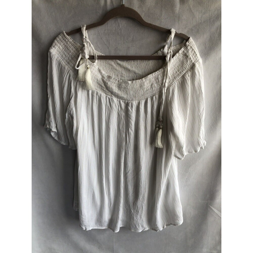 NWOT JM Collection Off-the-Shoulder White & Gold Blouse Shirt w/ Tassels Size L
